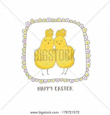 Happy Easter greeting background with cute two chicks friend in frame. Hand drawn vector Illustration.