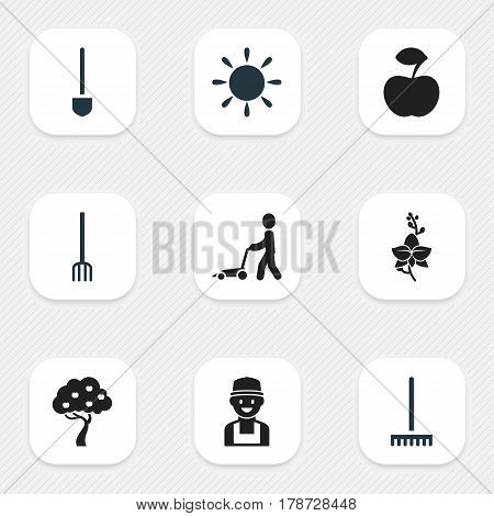 Set Of 9 Editable Garden Icons. Includes Symbols Such As Fruit Woods, Fresh Fruit, Farmer And More. Can Be Used For Web, Mobile, UI And Infographic Design.