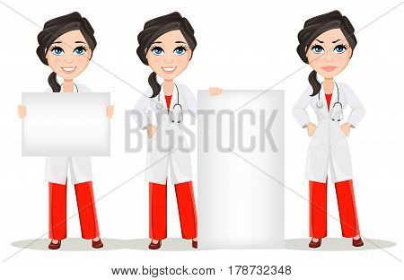Doctor woman with stethoscope. Set. Cute cartoon smiling doctor character in medical gown holding banner standing near banner and showing anger emotion displeased. Vector illustration. EPS10