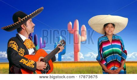 Mariachi charro giocando cactus di chitarra messicano poncho ragazza Messico