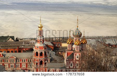 Beautiful Stroganov Church in Nizhny Novgorod on the Volga river