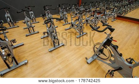 Toronto, Ontario, Canada - April 11, 2009.: Ready to spin, Schwinn Indoor stationary bike, designed for intense cardio training, muscle sculpting and calorie burn.