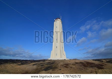 Golden fields and blue skies surround Iceland's Malarrif Lighthouse.
