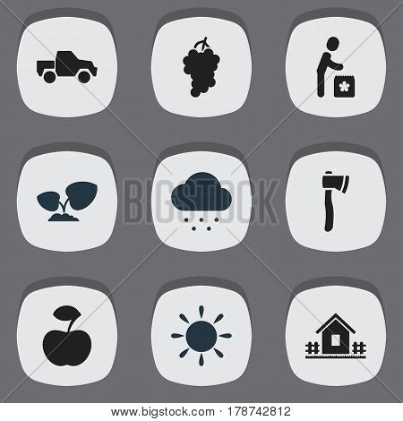 Set Of 9 Editable Garden Icons. Includes Symbols Such As Ploughman, Home With Fence, Rainy Cloud And More. Can Be Used For Web, Mobile, UI And Infographic Design.