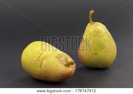 two ripe scratched pears black isolated closeup