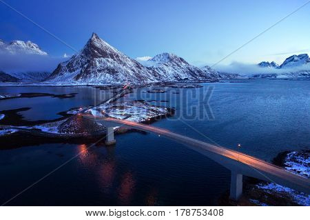 Olstind Mount and bridges, aerial view. Lofoten islands, Norway