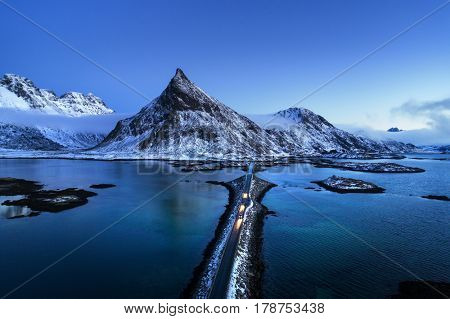 Olstind Mount and bridge, aerial view. Lofoten islands, Norway