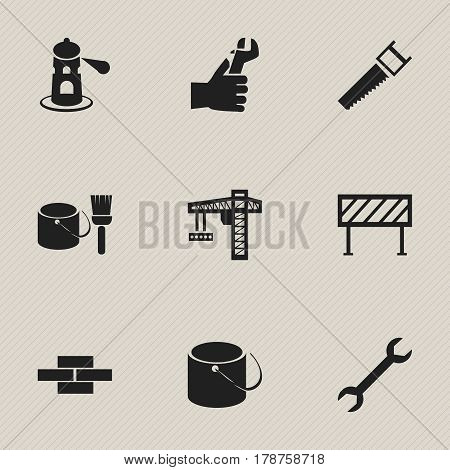 Set Of 9 Editable Construction Icons. Includes Symbols Such As Wrench, Crane, Pail And More. Can Be Used For Web, Mobile, UI And Infographic Design.