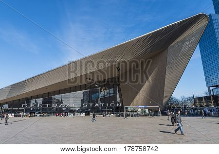 Rotterdam The Netherlands - March 10 2017: Modern railway station by architect MVSA in Rotterdam with blue sky and square in the Netherlands.