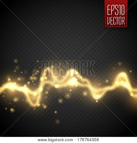 Golden abstract energy shock effect with many glowing particles. Electric discharge on dark background. Vector illustration for your design