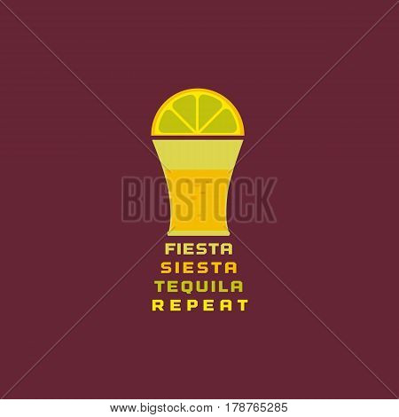 Mexican poster concept. Freehand drawn flat style. Fiesta Siesta in Spanish festival rest. Bottle, shot glass of tequila, lime lemon. Traditional symbol of Mexico. Vector element banner background