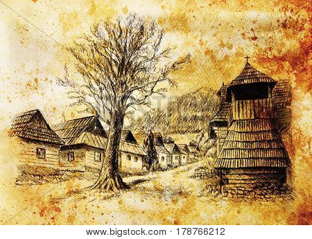 vintage mountain oldtime willage with wooden houses and belfry, pencil drawing on papier, sepia effect