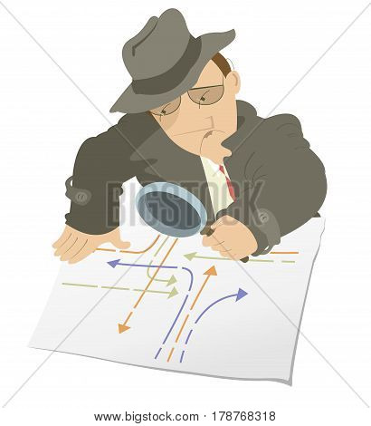 Serious detective isolated. Detective in the hat is examining a document using a magnifying glass