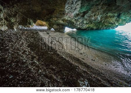 Cave On The Dafnoudi Beach On Kefalonia Island, Greece