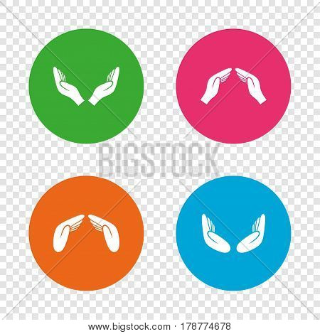Hands icons. Insurance protection signs. Human helping donation hands. Prayer meditation hands sybmols. Round buttons on transparent background. Vector