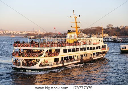 ISTANBUL TURKEY - MARCH 01 2017: Sehir Hatlari ferry in Eminonu Port. Sehir Hatlari was established in 1844 and now carry 150000 passengers a day.