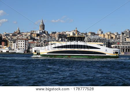 ISTANBUL TURKEY - NOVEMBER 13 2016: Sehir Hatlari ferry carry passengers between Asian side to European side of Istanbul. Sehir Hatlari was established in 1844 and now carry 150000 passengers a day.