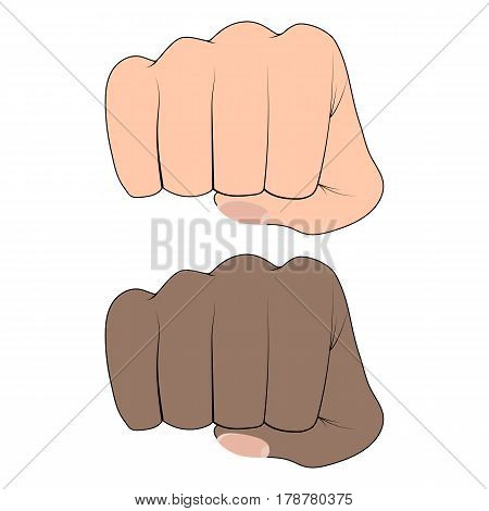 Fist of an African and a white man on a white background. Martial arts