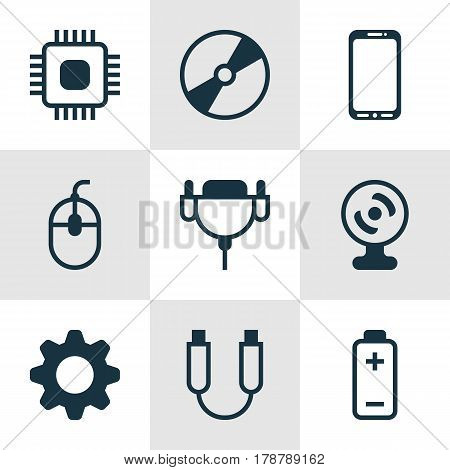 Set Of 9 Computer Hardware Icons. Includes Chip, Settings, Battery And Other Symbols. Beautiful Design Elements.