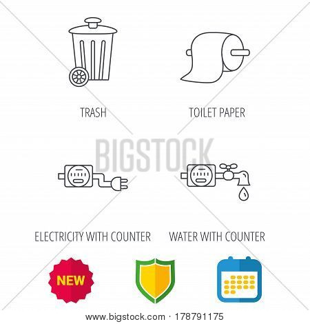 Trash bin, electricity and water counter icons. Toiler paper linear sign. Shield protection, calendar and new tag web icons. Vector