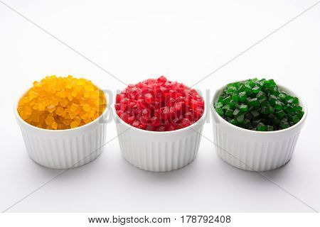 Sweet Fruit Candy Also Know As tutti-frutti, Candied Fruits served in a bowl used in masala pan in india or in cakes or sweets