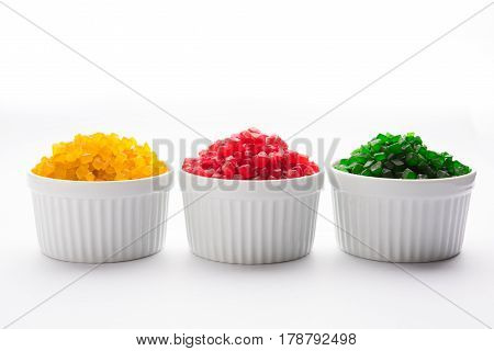 Sweet Fruit Candy Also Know As tutti-frutti, Candied Fruits served in a bowl used in masala pan in india or in cakes or sweets