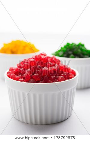Sweet Fruit Candy Also Know As tutti-frutti, Candied Fruits served in a bowl used in masala pan in india or in cakes or sweets
