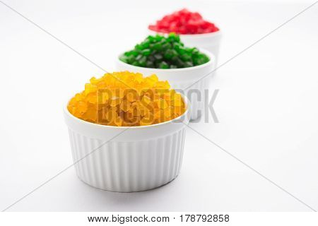 Sweet Fruit Candy Also Know As tutti-frutti, Candied Fruits served in a bowl used in masala pan in india or in cakes or sweets