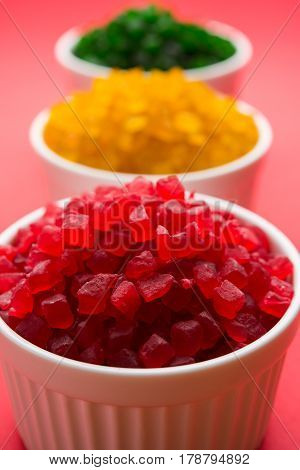 Sweet Fruit Candy Also Know As tutti-frutti, Candied Fruits served in a bowl used in masala pan in india or in cakes or sweets