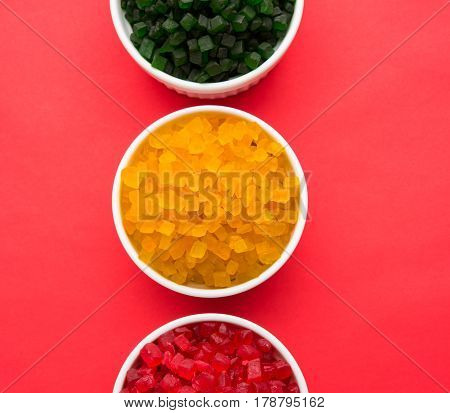Sweet Fruit Candy Also Know As tutti-frutti, Candied Fruits served in a bowl used in masala pan in india or in cakes or sweets