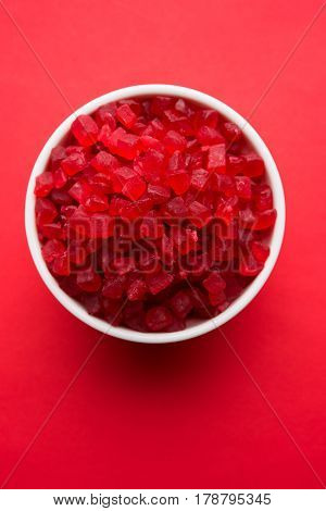 Sweet Fruit Candy Also Know As tutti-frutti, Candied Fruits served in a bowl used in masala pan in india or in cakes or sweets