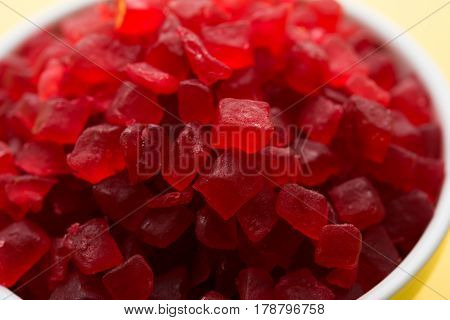 Sweet Fruit Candy Also Know As tutti-frutti, Candied Fruits served in a bowl used in masala pan in india or in cakes or sweets
