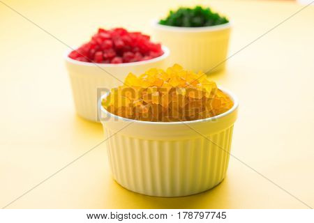 Sweet Fruit Candy Also Know As tutti-frutti, Candied Fruits served in a bowl used in masala pan in india or in cakes or sweets