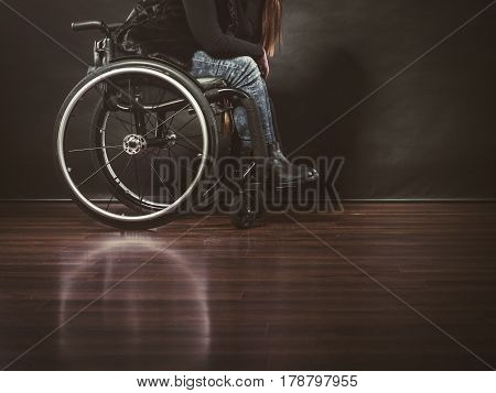 Depressed person on wheelchair. Disabled human. Disability sadness health rehabilitation concept.