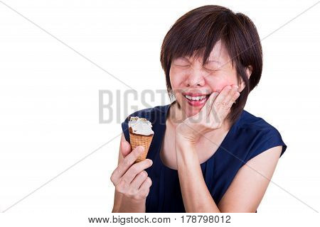 Asian Women Suffering Intense Toothache Pain After Biting Ice Cream