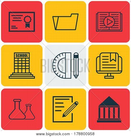 Set Of 9 School Icons. Includes Education Center, Chemical, Taped Book And Other Symbols. Beautiful Design Elements.