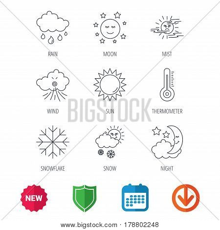 Weather, sun and rain icons. Moon night, clouds and mist linear signs. Wind and snowflakes flat line icons. New tag, shield and calendar web icons. Download arrow. Vector