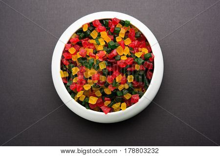 Sweet Fruit Candy Also Know As tutti-frutti, Candied Fruits served in a bowl used in masala pan in india or in cakes or sweets