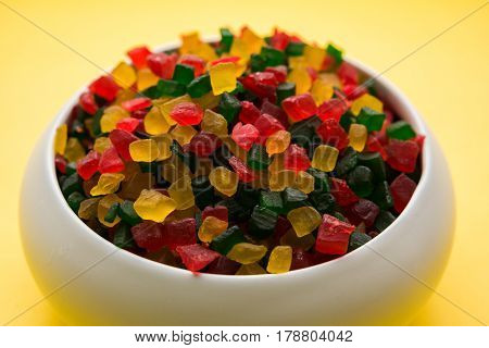Sweet Fruit Candy Also Know As tutti-frutti, Candied Fruits served in a bowl used in masala pan in india or in cakes or sweets