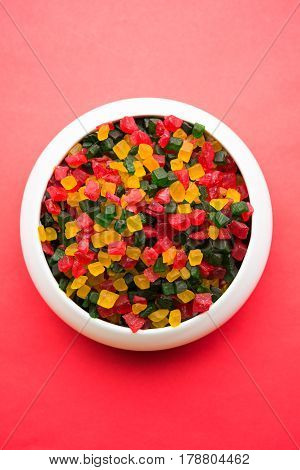 Sweet Fruit Candy Also Know As tutti-frutti, Candied Fruits served in a bowl used in masala pan in india or in cakes or sweets