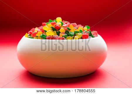 Sweet Fruit Candy Also Know As tutti-frutti, Candied Fruits served in a bowl used in masala pan in india or in cakes or sweets