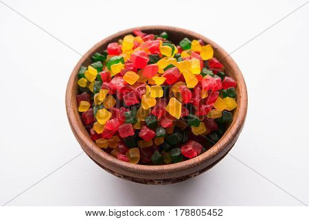 Sweet Fruit Candy Also Know As tutti-frutti, Candied Fruits served in a bowl used in masala pan in india or in cakes or sweets