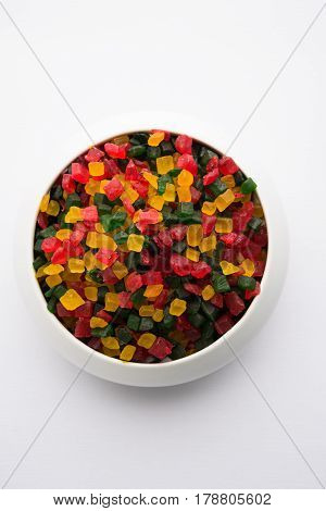 Sweet Fruit Candy Also Know As tutti-frutti, Candied Fruits served in a bowl used in masala pan in india or in cakes or sweets