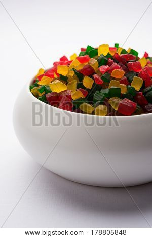 Sweet Fruit Candy Also Know As tutti-frutti, Candied Fruits served in a bowl used in masala pan in india or in cakes or sweets