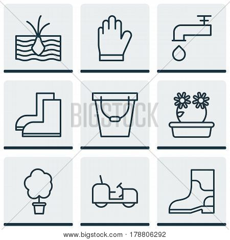 Set Of 9 Garden Icons. Includes Spigot, Agrimotor, Growing Plant And Other Symbols. Beautiful Design Elements.