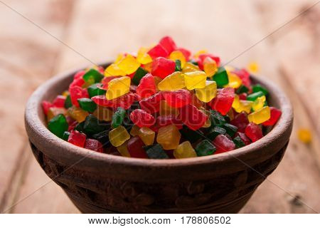 Sweet Fruit Candy Also Know As tutti-frutti, Candied Fruits served in a bowl used in masala pan in india or in cakes or sweets