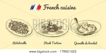 French menu monochrome illustration. Vector illustration of French cuisine.