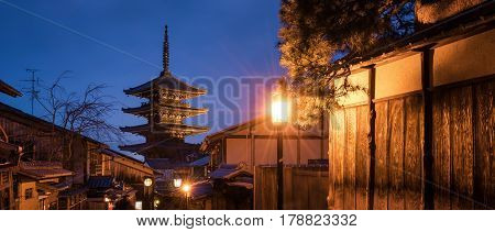 Night View Of Yasaka Pagoda With Japanese Old City At Yasaka Shrine, Japan