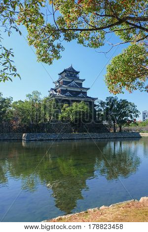 Hiroshima Castle with blue sky in autumn, Hiroshima Japan