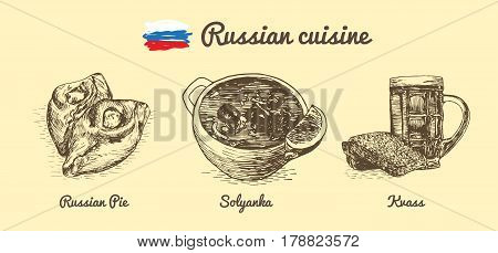 Russian menu monochrome illustration. Vector illustration of Russian cuisine.